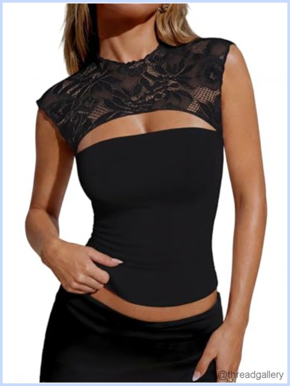 Women's Lace Going Out Crop Tops Sexy Cutout Crew Neck Sleeveless Double Lined